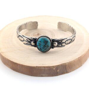 Navajo Turquoise Stone Cuff Bracelet Handstamped Sterling Silver Jewelry Sz 6.5*